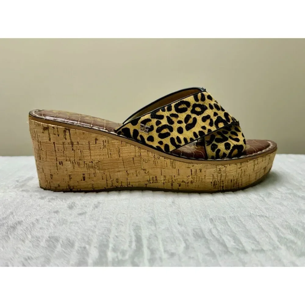 SAM EDELMAN Remini Leopard Calf Hair Cork Wedges, Sz 7.5M